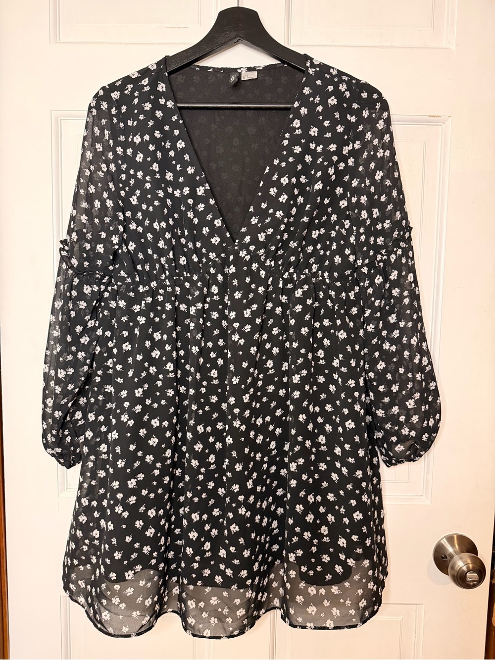 H&M Black Mini Dress with White Floral Print